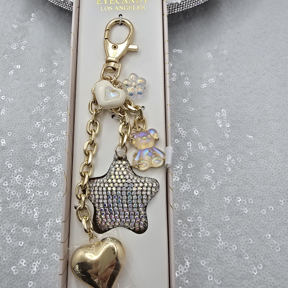 Bag Charm Iridescent Hearts Star Teddy Bear Flowers by Eye Candy Los Angeles - Picture 5 of 9